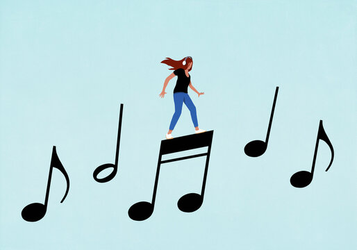 Woman with headphones dancing on musical note on blue background
