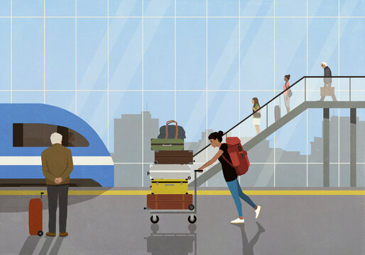 Woman with backpack pushing cart with stack of suitcases in train station
