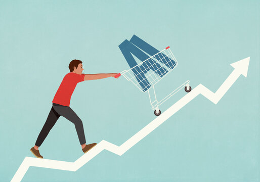 Man pushing AI text in shopping cart up ascending arrow
