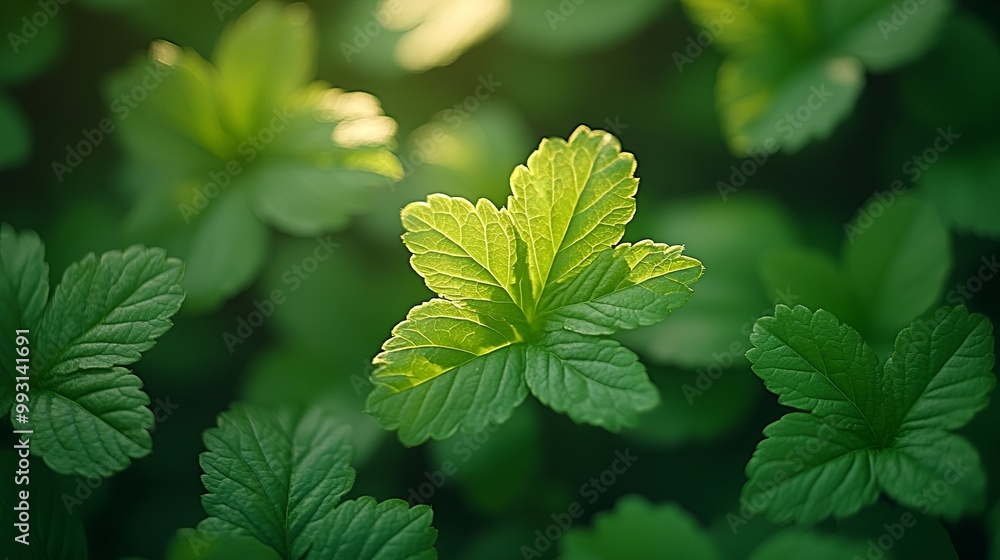 Poster A single leaf illuminated by sunlight, surrounded by a backdrop of blurred green foliage, showcasing the intricate details and vibrant hues of nature.