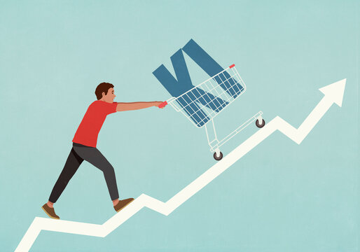 Man pushing KI text in shopping cart up ascending arrow
