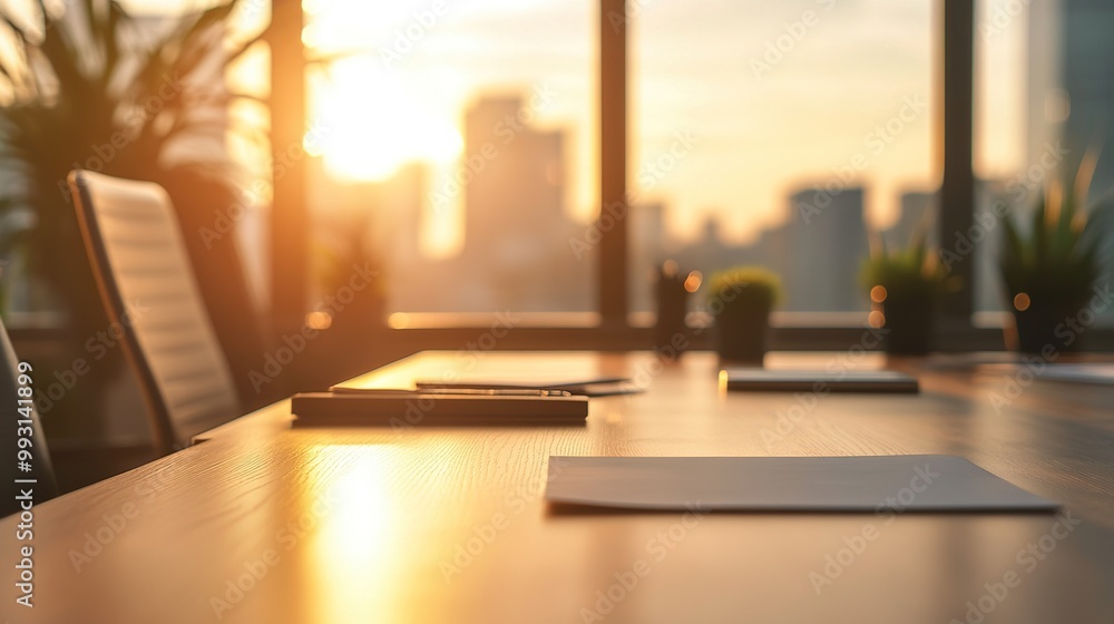 Poster A modern conference room with a wooden table, plants, and a warm sunset illuminating the cityscape through large windows.