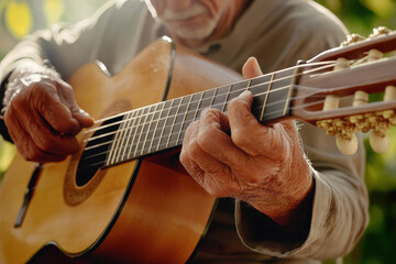 Obraz premium Senior Playing Acoustic Guitar Outdoors