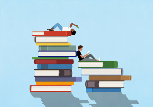 Young man and woman reading on large stacks of books
