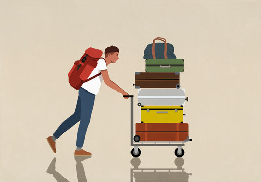 Man with backpack pushing cart with stack of suitcases
