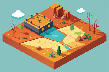 An isometric view shows a drought-affected area featuring a parched riverbed and sparse vegetation, Drought Illustration (Customizable and Isometric)