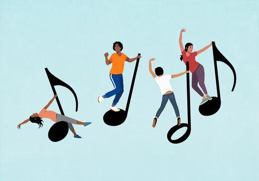 Happy, carefree young women dancing on musical notes
