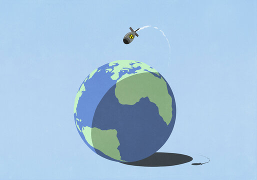 Atomic bomb flying over earth
