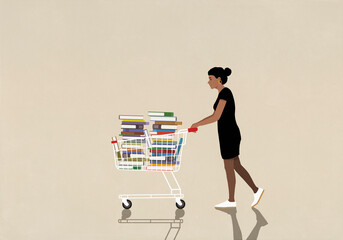 Woman pushing stacks of book in shopping cart
