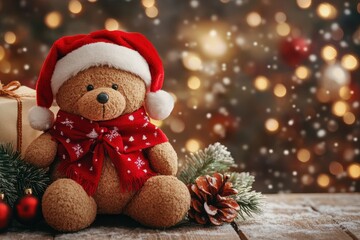 Obraz premium Teddy Bear in Santa Hat with Red Scarf by Christmas Tree – Festive Holiday Scene, Perfect for Christmas Cards, Decorations, and Winter Marketing