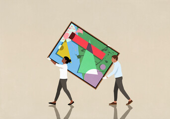 Workers in white gloves carrying large, abstract painting

