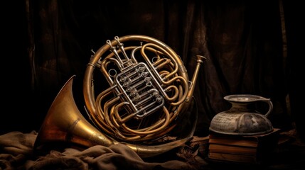A vintage French horn and an old jug rest on a rustic table, accentuated by dim lighting, exuding a sense of nostalgia and history.