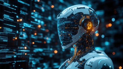Fototapeta premium Futuristic robot head illuminated with neon lights in a digital landscape during a cybernetic revolution