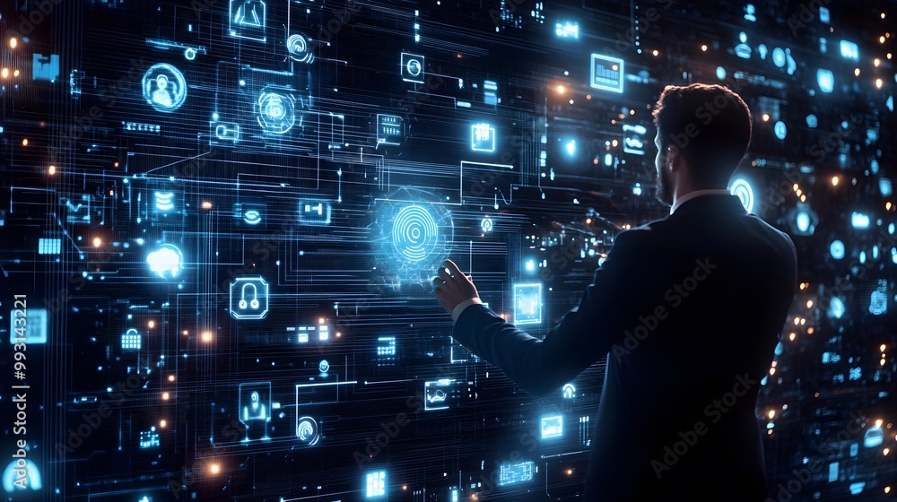 Poster a man interacting with a digital interface filled with data and icons