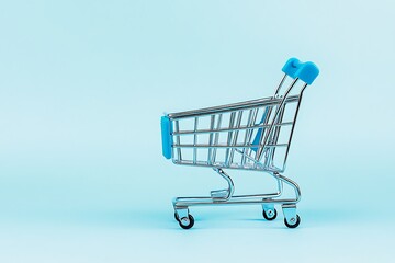 Colorful Shopping Bags and Cart on Minimalist Blue Background for Online Retail and E-commerce