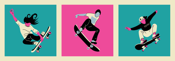 Set of modern skaters jumping with skateboards.  Teenagers ride a longboard, jump and perform tricks. Street activity for teenagers. Hand drawn modern Vector illustrations. Logo, print, poster, design