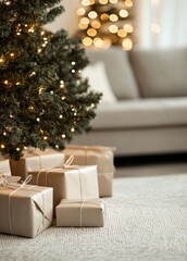 Holiday gifts under a beautifully decorated Christmas tree in a cozy living room setting