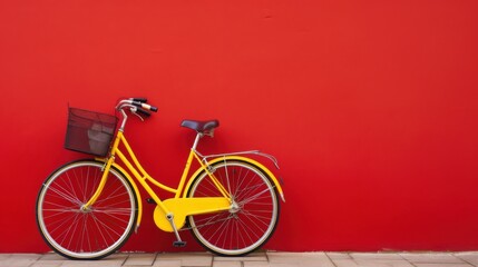 Fototapeta premium A bright yellow bicycle leans against a vibrant red wall, creating a striking, colorful contrast that evokes a cheerful and playful mood.
