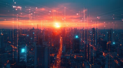 Fototapeta premium Vibrant sunset illuminates a bustling cityscape, revealing a blend of nature and urban life