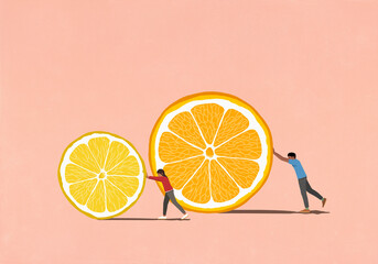 Father and daughter pushing large orange and lemon slices against pink background
