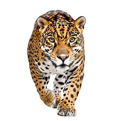 Obraz premium A powerful and striking jaguar walking confidently, displaying its beautiful coat of spots and a fierce expression. Perfect for wildlife and nature themed projects.