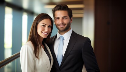 A professional business couple poses confidently in a modern office, exuding sophistication and teamwork in their stylish formal attire.