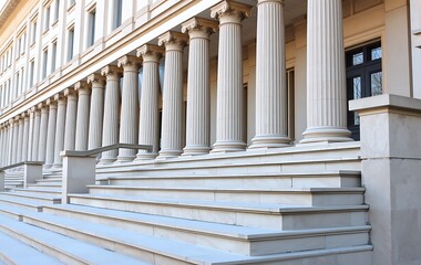 Stone pillars row and stairs detail. Classical building facade
