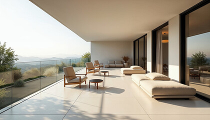 Modern balcony with elegant minimalistic furniture, inviting space for relaxation and conversation.






