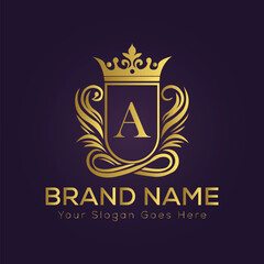 Letter A golden crown logo vector illustration.