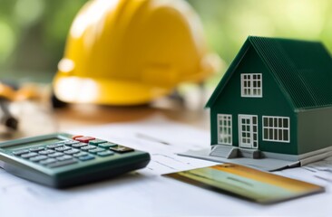 Construction site essentials with a model house and safety helmet on a work desk