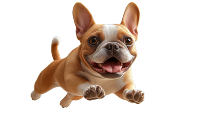 Happy French Bulldog jumping with excitement isolated on white background.