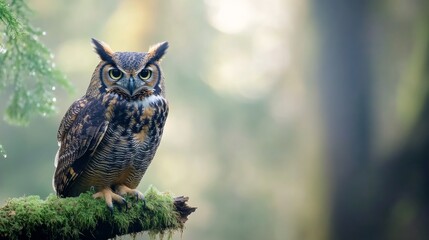 Majestic owl perched on a moss-covered log in a serene forest during early morning light