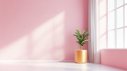 Elegant indoor plant decor in a soft pink room with bright sunlight streaming through windows