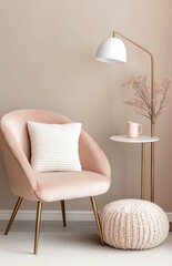Cozy pink armchair beside a stylish lamp and side table in a modern living space