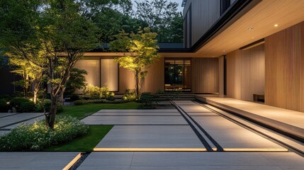 Modern Japandi yard featuring travertine tiles with integrated black lighting elements
