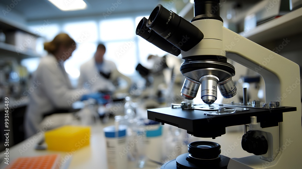 Poster a microscope in a laboratory setting with blurred scientists in the background