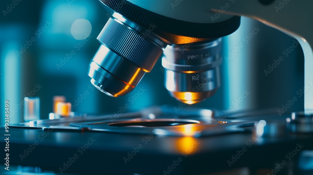 Poster closeup of a microscope with illuminated lenses in a laboratory setting