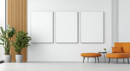 Modern interior design featuring a minimalist gallery wall and lush greenery in a spacious room