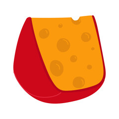 piece of cheese in red wax in a flat style stands on its side. Vector illustration of the triangular shape of a dairy product. isolated product on a white background. Cute simple print drawn sideways