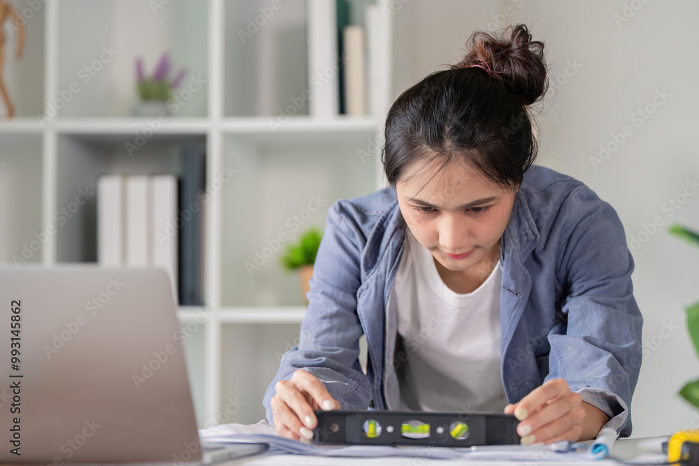Aufkleber diligent female engineer using level tool to review project details in precision