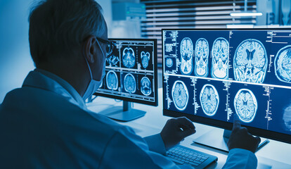 Radiologist Examining Brain MRI Scans on Multiple Monitors in Modern Medical Office