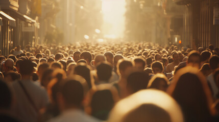 Crowded urban street scene with diverse faces representing various age groups and ethnicities, symbolizing demographic diversity and multiculturalism, with ample copy space for text or design elements