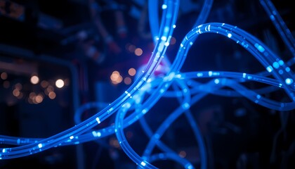 Dynamic Blue Fiber-Optic Cables Transmitting Data in High-Tech Environment