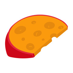 piece of cheese in red wax in a flat style stands on its side. Vector illustration of a part of a dairy product with pores. An isolated product on a white background. Print painted lying sideways