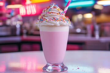 A vibrant pink milkshake topped with whipped cream and colorful sprinkles, served in a classic glass with a straw, set against a retro diner backdrop.