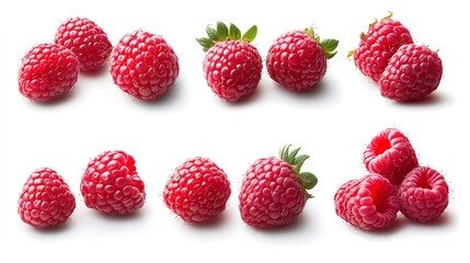 set of Raspberry, many angles and view side top front group pile heap isolated on white background 