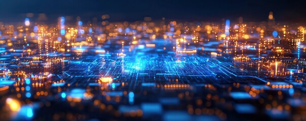 Obraz premium A vivid, abstract representation of a digital landscape with glowing circuitry and interconnected nodes, symbolizing advanced technology and data flow.