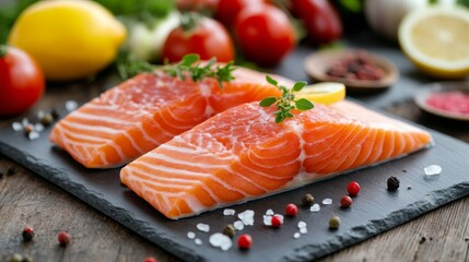 Fresh salmon fillets garnished with lemon and herbs on a dark slate platter in a rustic setting