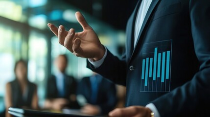 A professional presenting data insights with a bar graph overlay, engaged in a discussion with a focused audience.