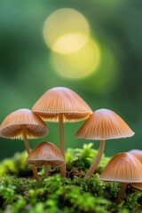 Fototapeta premium Mushrooms growing on lush green moss in a serene forest during daylight